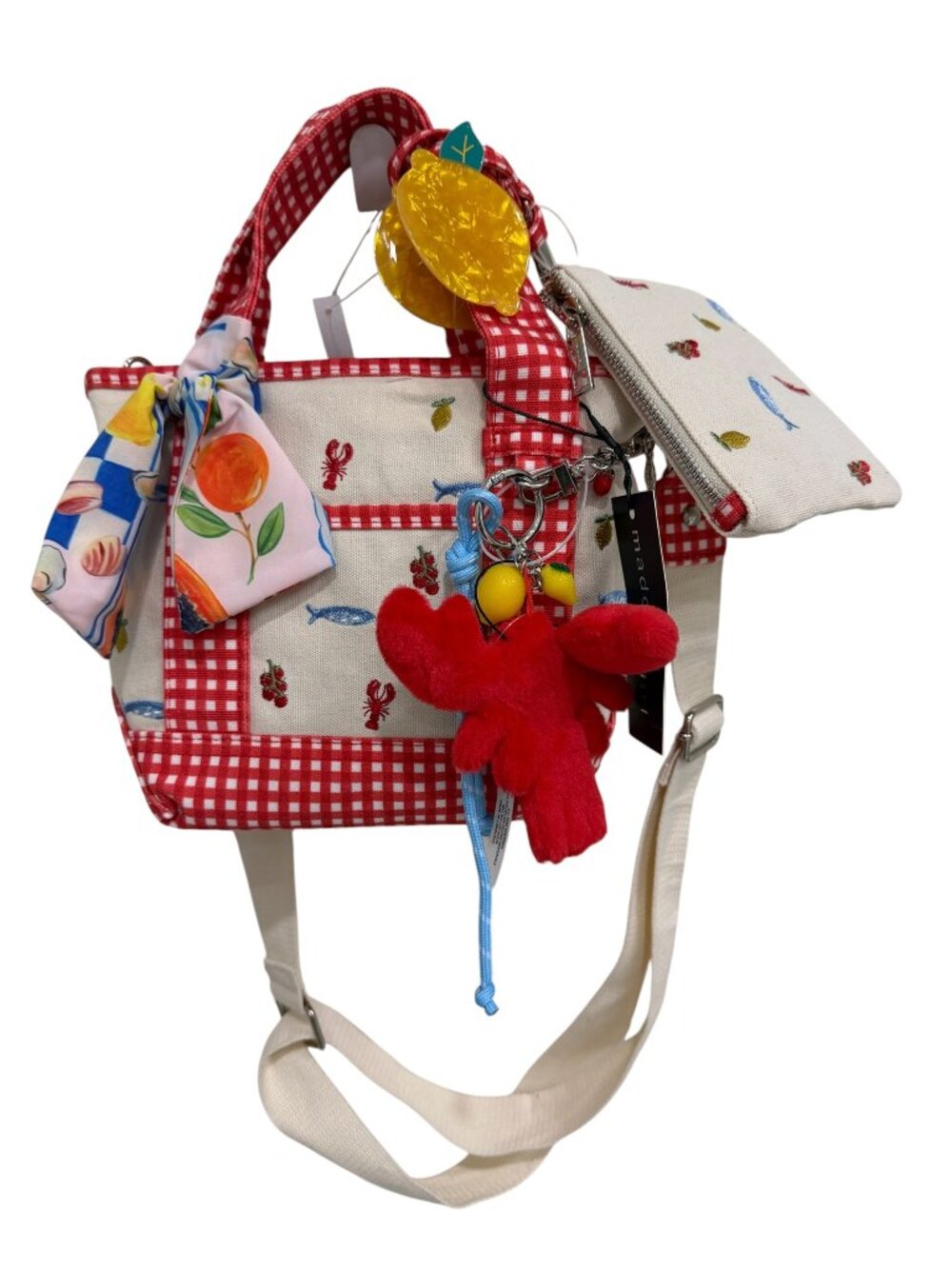 Madden Girl Lobster Sardine Bag Gingham Canvas Bag Scarf Charm Hair Clip NWT